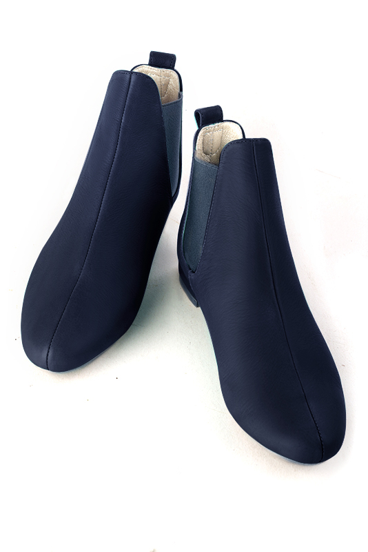 Navy blue women's ankle boots, with elastics. Round toe. Flat block heels. Top view - Florence KOOIJMAN